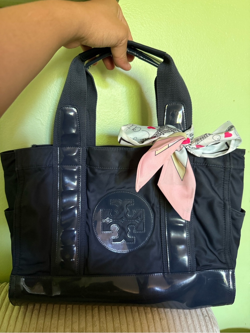 Authentic Tory Burch Navy Logo Tote with Pink Scarf Accent